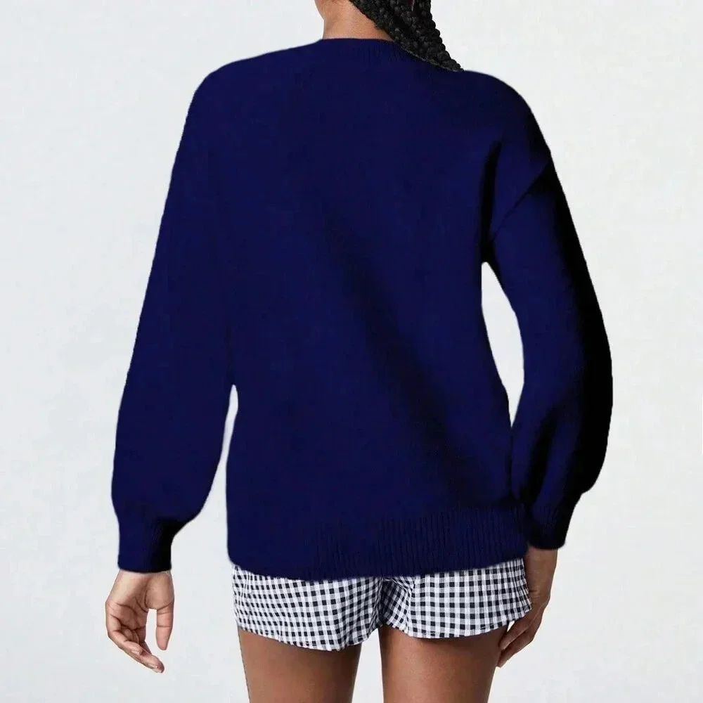 Blue Casual Women's Dog Graphic Knitted Sweater - Picture 2 of 6